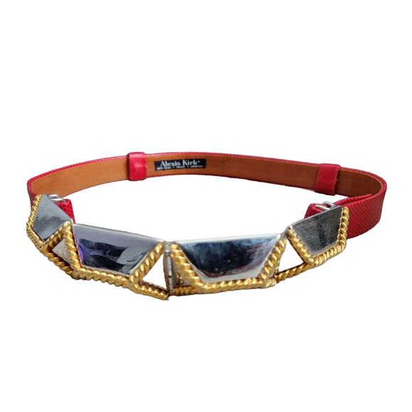 Alexis Kirk Red Genuine Reptile adjustable belt large belt buckle Silver & Gold